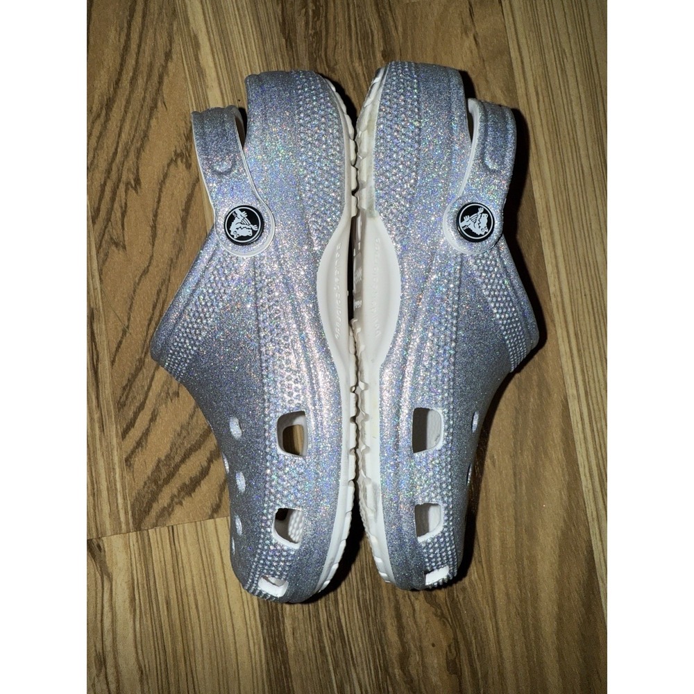 Crocs Unisex Classic Silver Glitter Sparkle Iridescent Size M5 W7 EUC - Picture 3 of 7